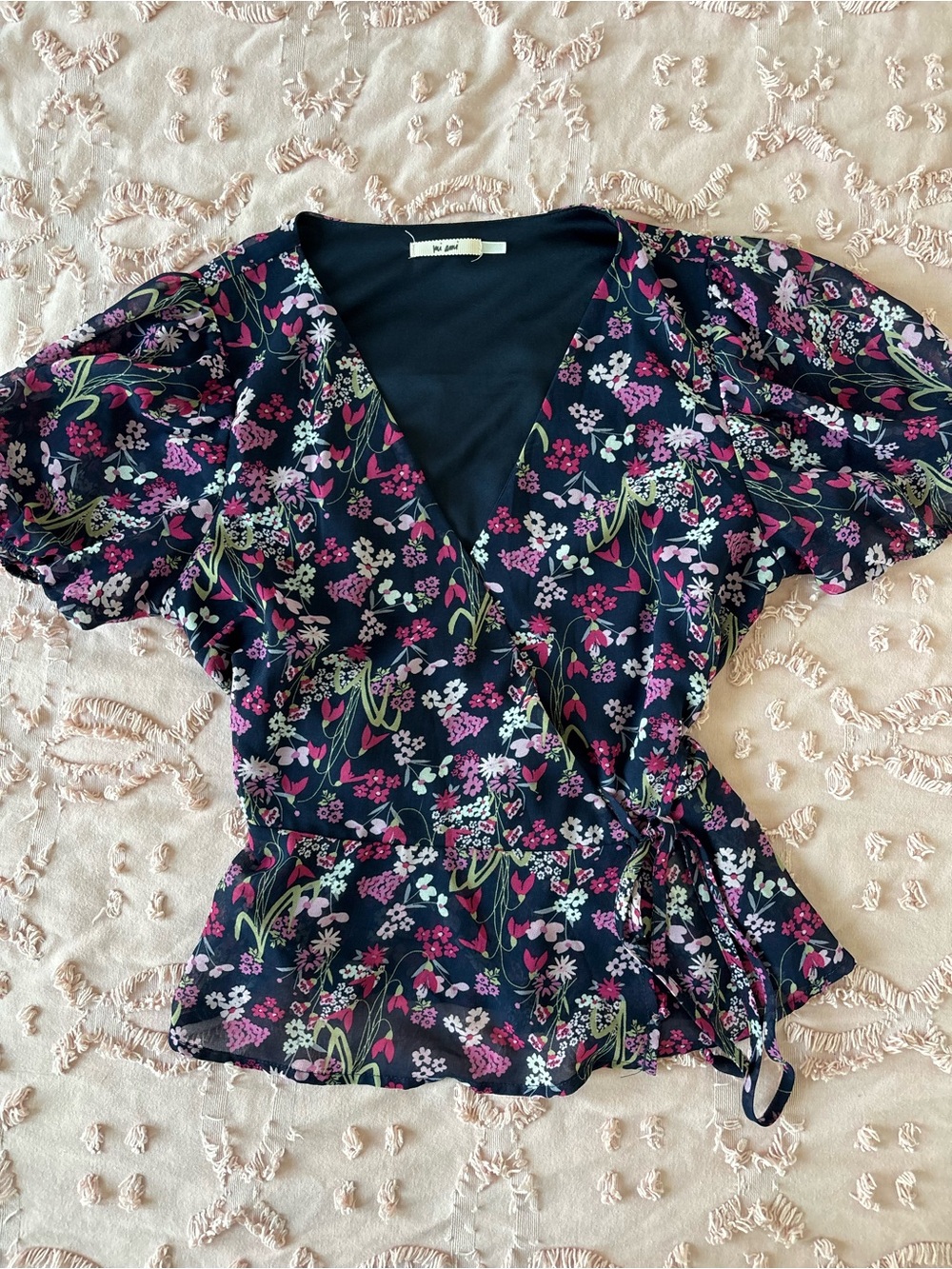 Navy Floral Wrap Blouse with Pink and Green Accents